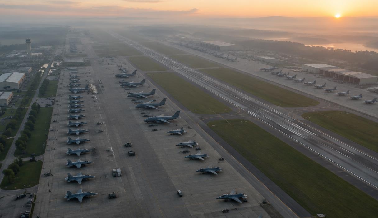 Aerial view of a military airbase at dawn with aircraft parked in rows along a runway