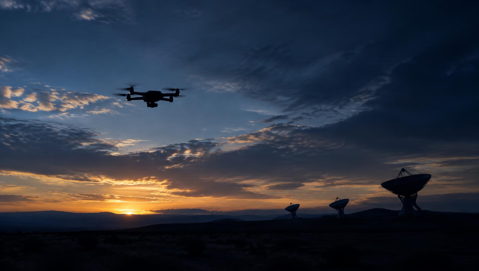 A small drone silhouetted against a dusk sky above radar dishes