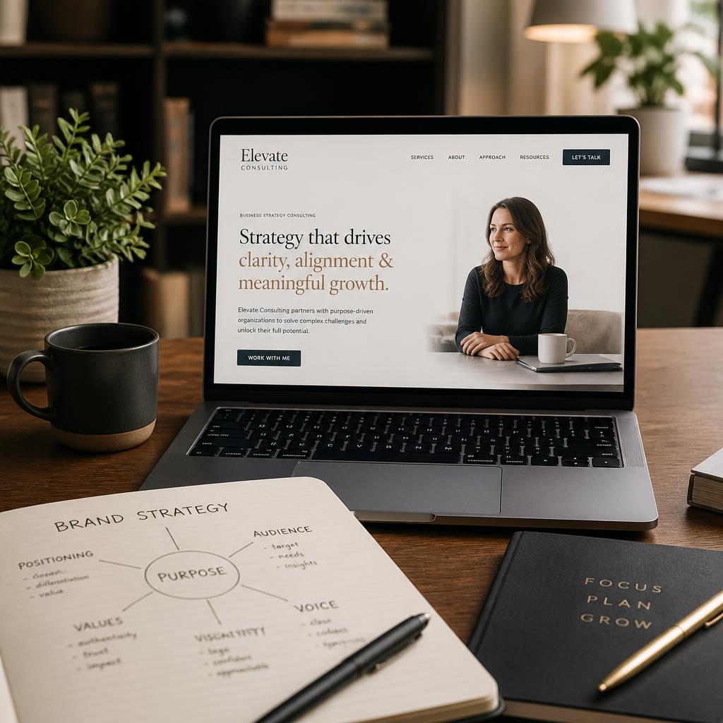 Consultant's desk with a laptop showing a clean modern consulting website and a notebook with brand strategy sketches