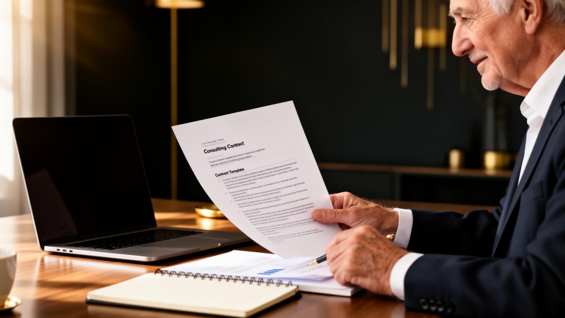 Senior professional reviewing a consulting contract template at a home office desk with laptop and notebook
