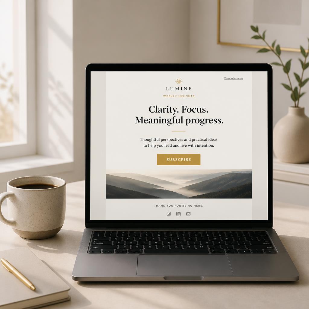 Laptop on a bright desk showing a minimal weekly newsletter with a subscribe button next to a coffee mug