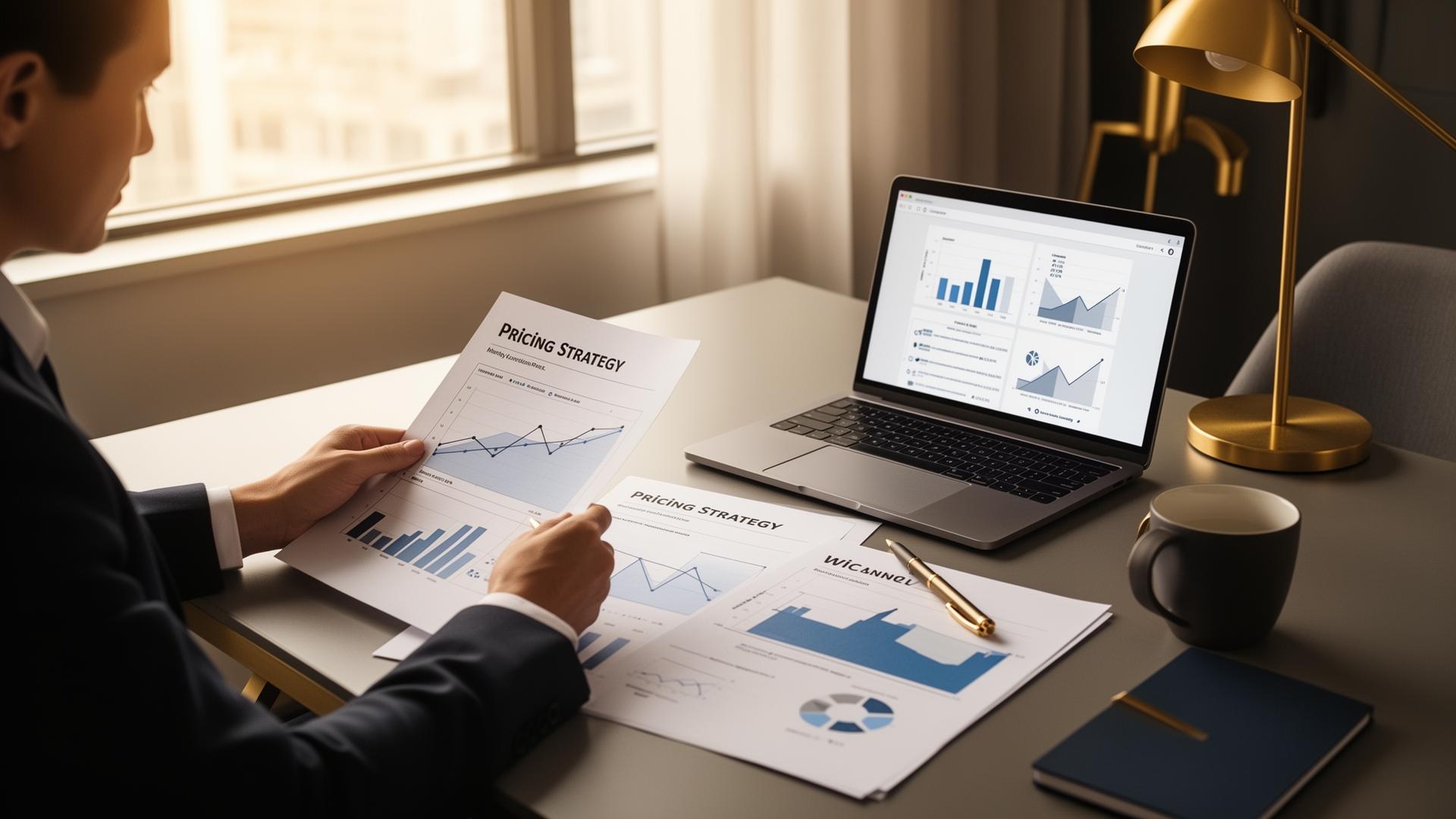 Consultant reviewing pricing strategy documents and financial charts at a modern desk