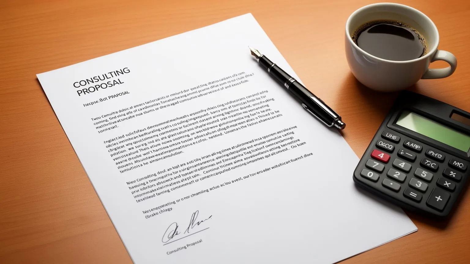 Consulting proposal on a desk with a fountain pen, calculator, and coffee cup