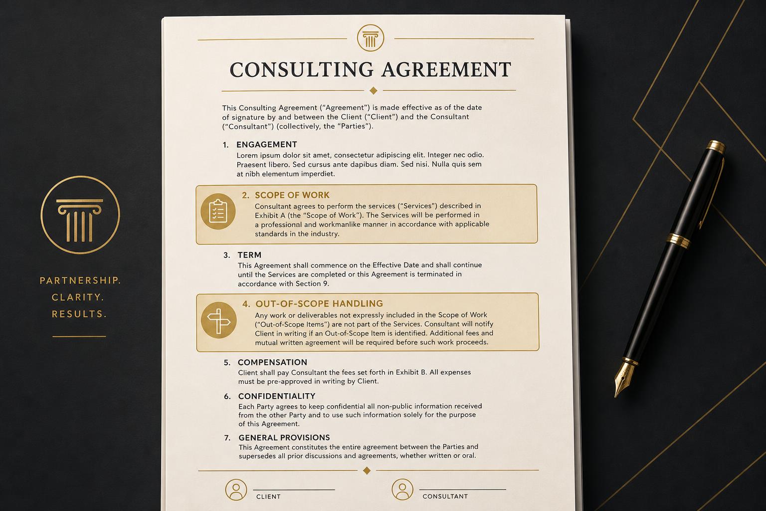 Annotated consulting agreement template highlighting the Scope of Work and Out-of-Scope clauses