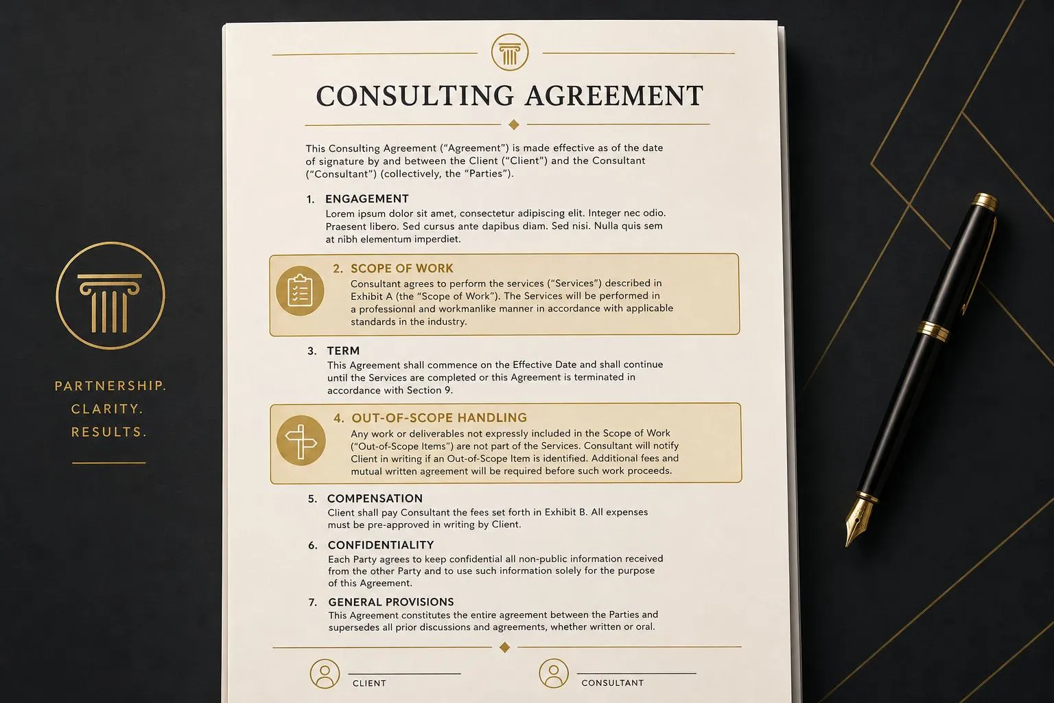 Annotated consulting agreement template highlighting the Scope of Work and Out-of-Scope clauses