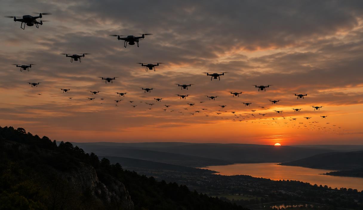 A large formation of small drones flying together against a sunset sky
