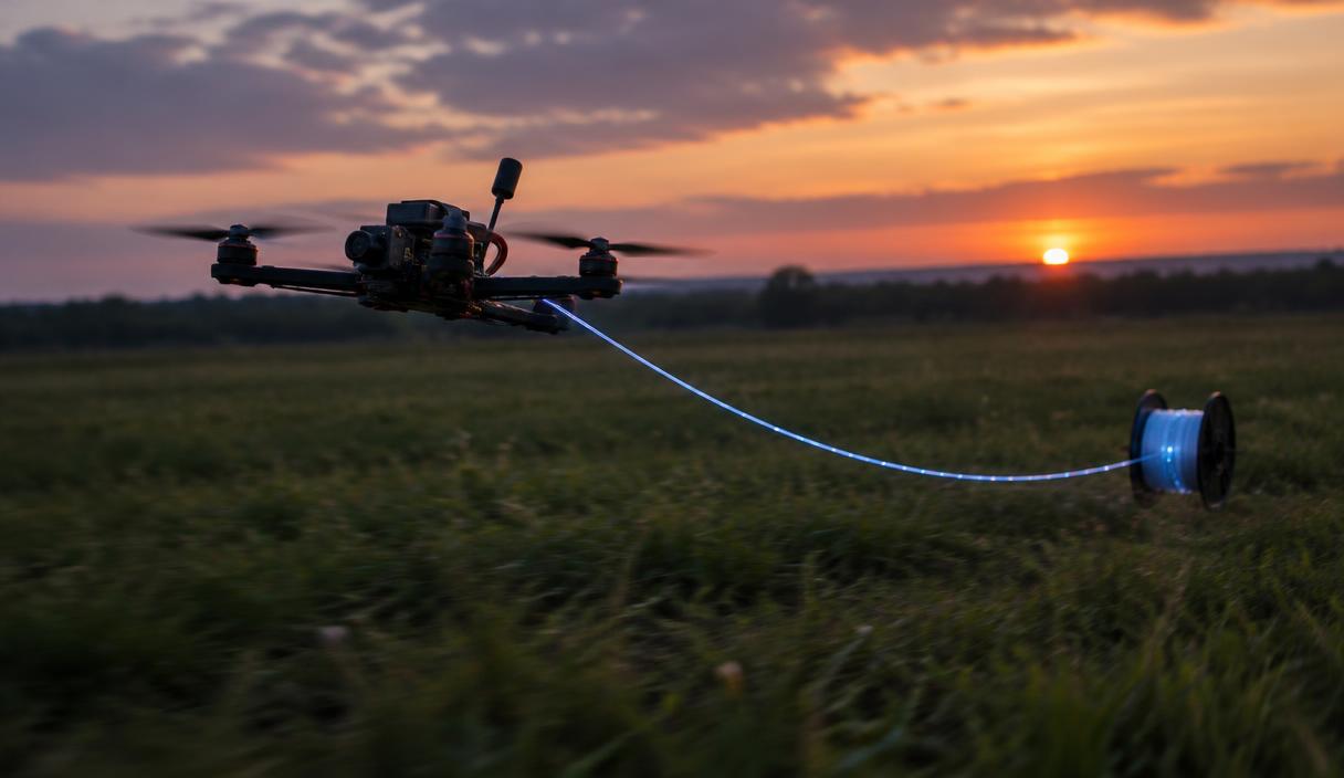 A small FPV drone trailing a thin fiber-optic cable over a field at sunset