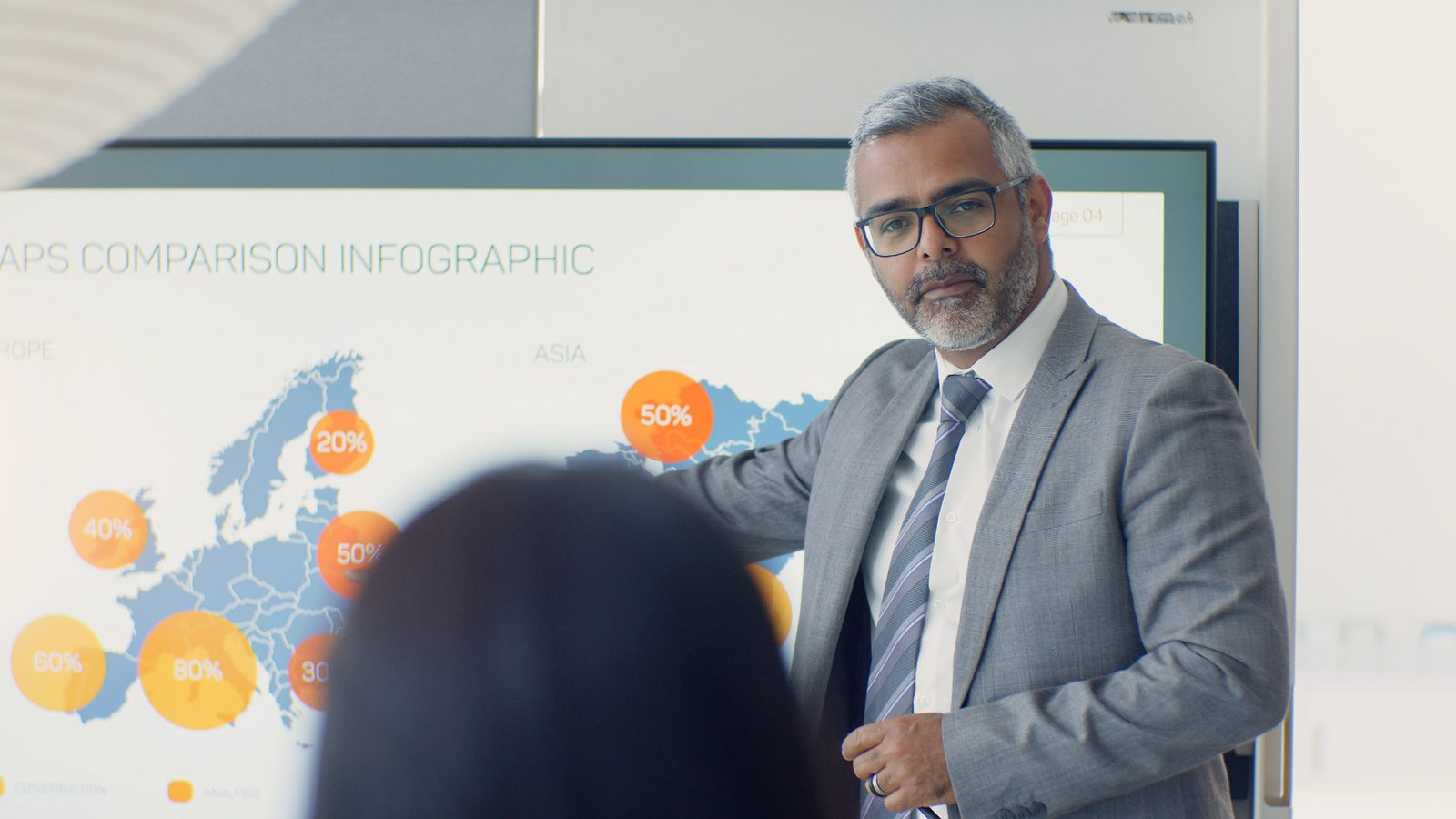 Executive presenting a market comparison infographic to a colleague