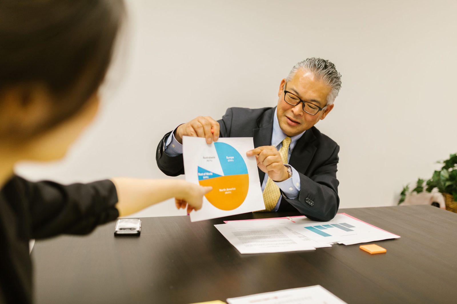 Sales leader reviewing revenue breakdown charts with a colleague