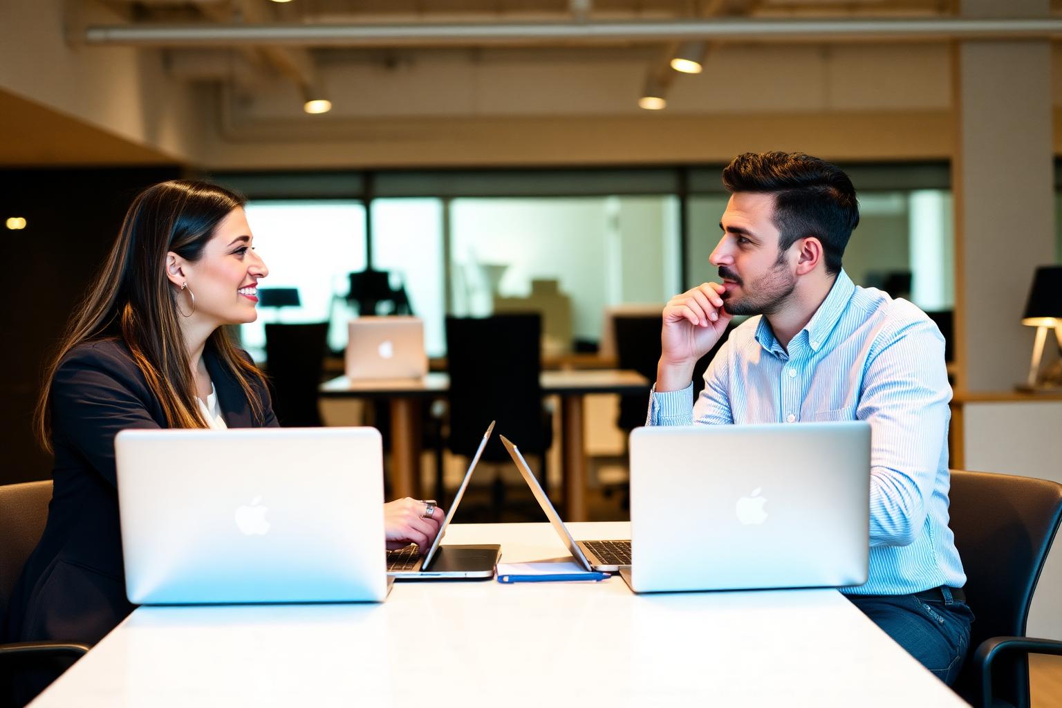 Two people sitting at a desk with laptops, having a discussion