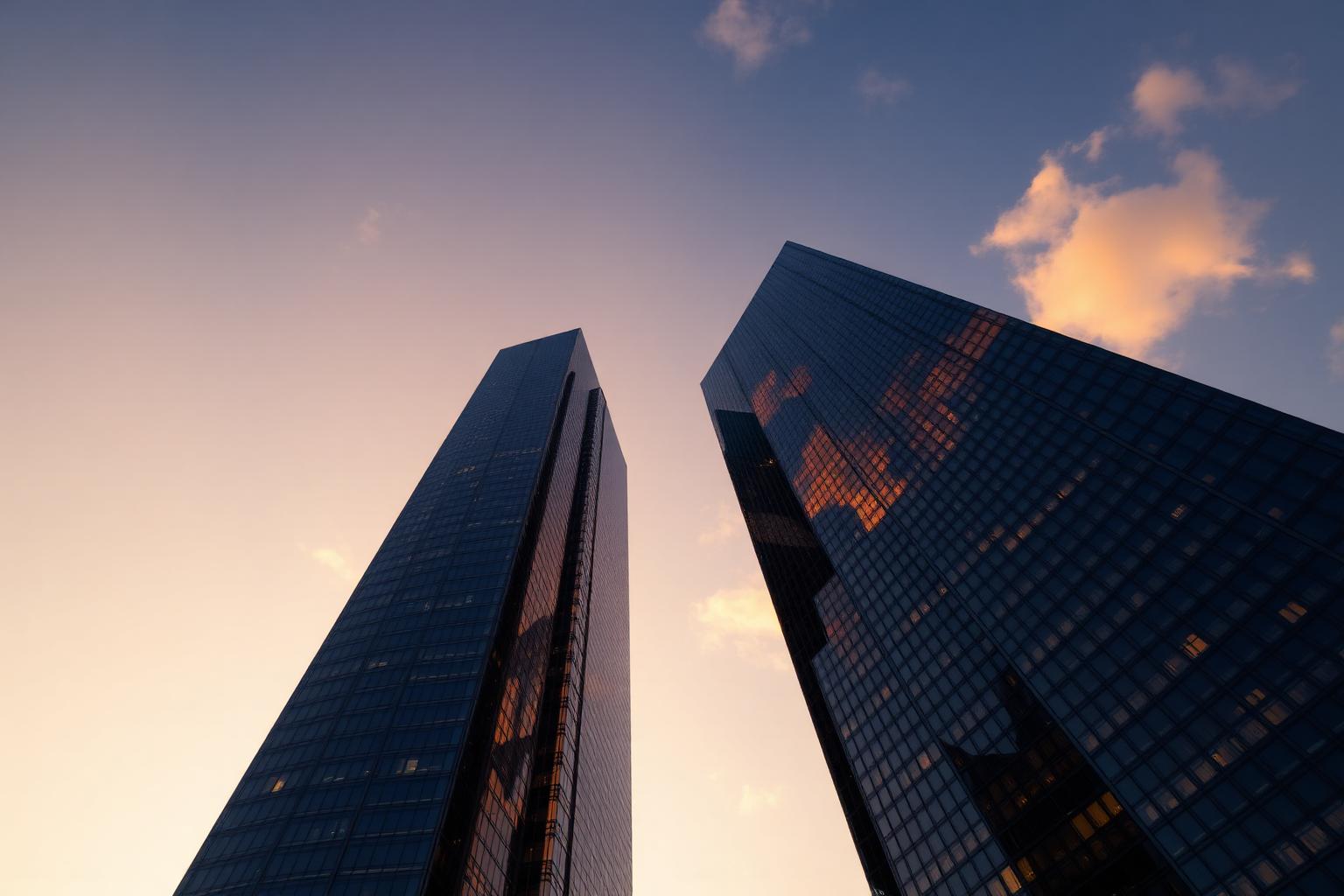 Two modern skyscrapers reaching toward the sky at sunset